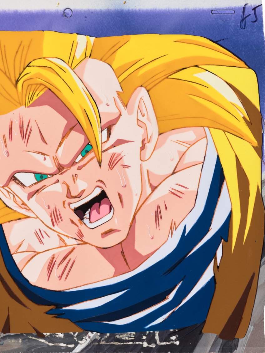 Production cel of Super Saiyan 3 Goku from Dragon Ball Z, cropped, with the cel label A5 in the corner